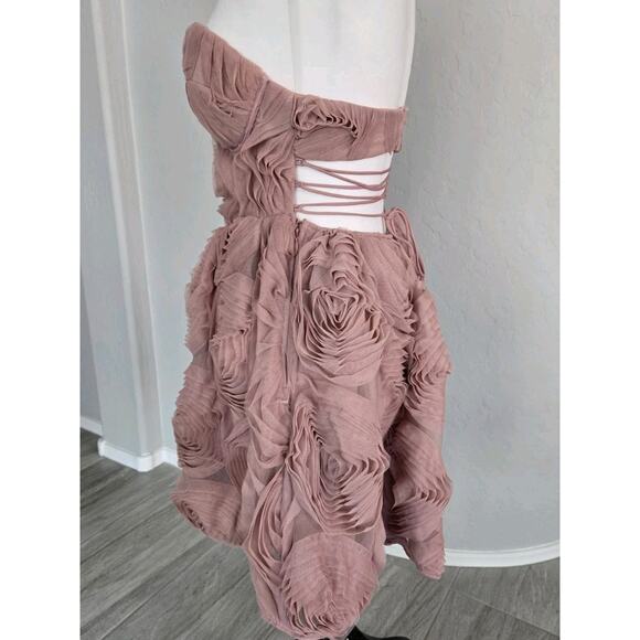 ASOS Luxe Twee Romantic Corseted Bandeau 3D Floral Layered Pink Mini Dress Sz 4 - Picture 3 of 15